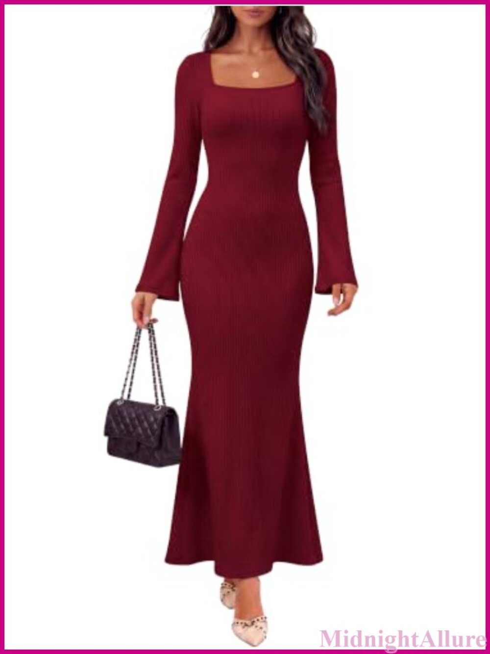Women's Square Neck Long Sleeve Ribbed Knit Bodycon Maxi Dress Slim Fit Pull On